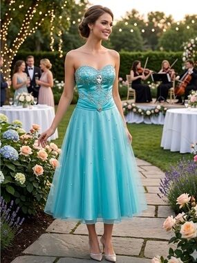 Tiffany Designs Strapless Beaded Tea-Length Dress in Aqua Blue